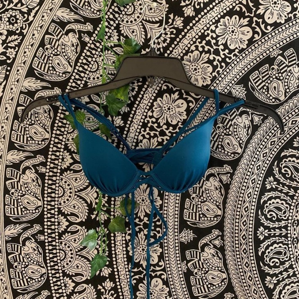 strapped blue bikini top